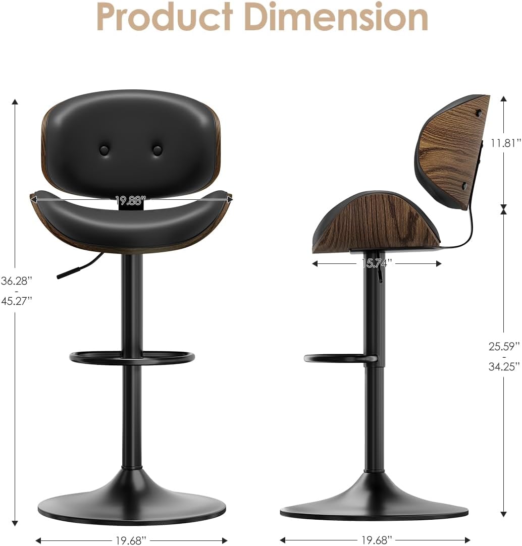 Black PU Leather Swivel Counter Bar Stools Set Of 2