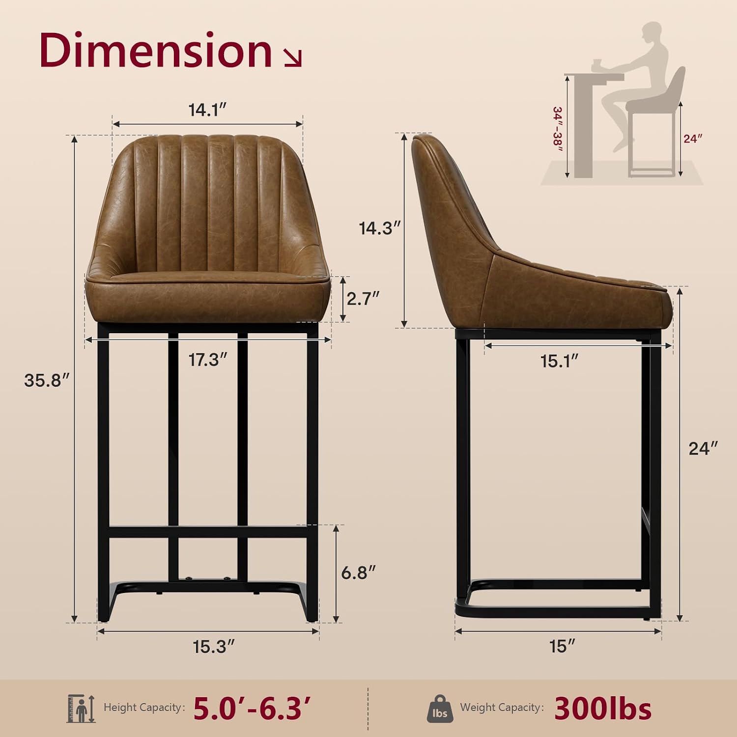 24" Brown Leather Counter Bar Stools Set Of 4