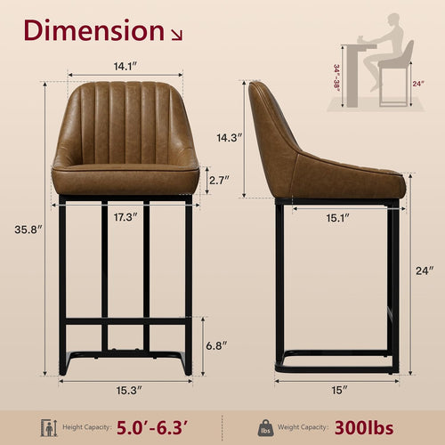 24" Brown Leather Counter Bar Stools Set Of 4