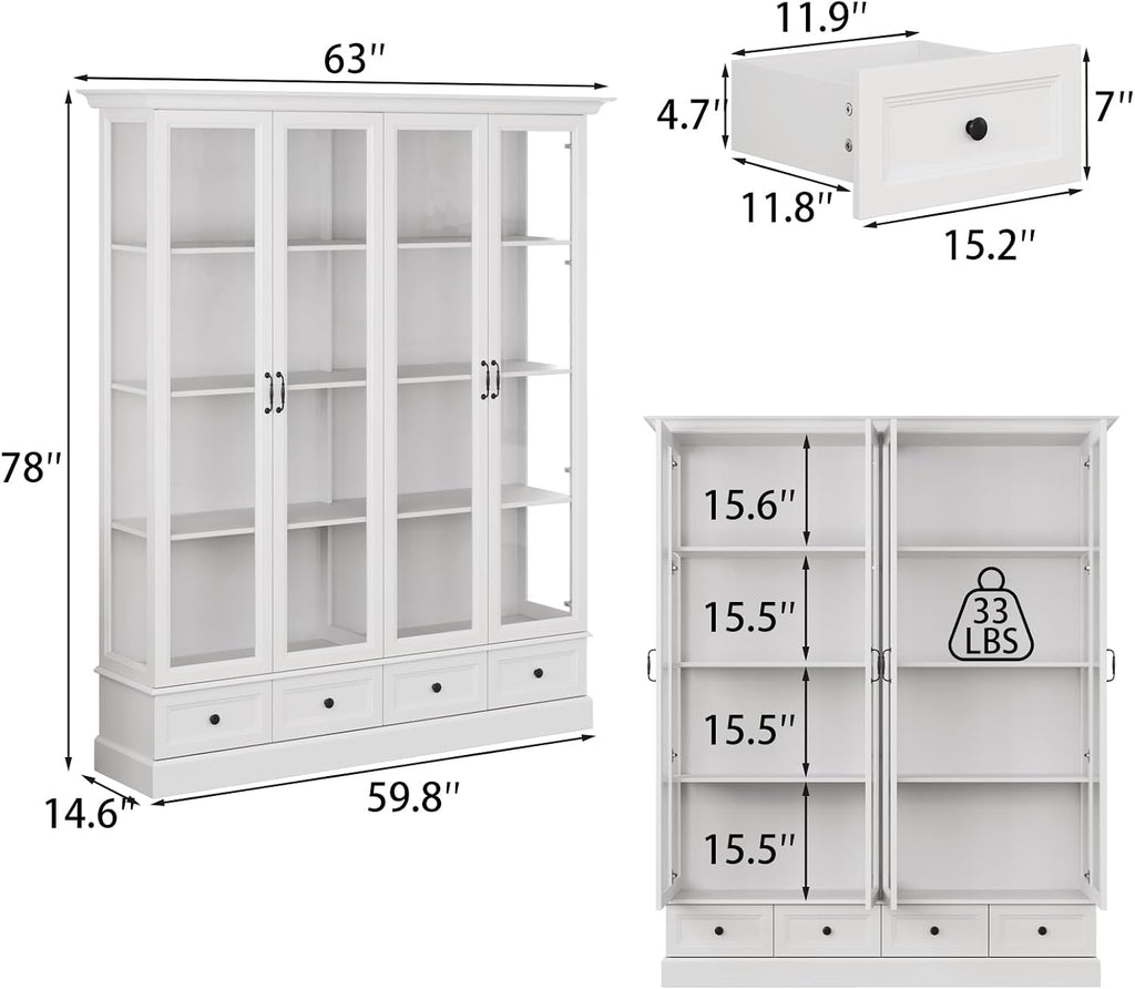 78" Glass Door Storage Cabinet White