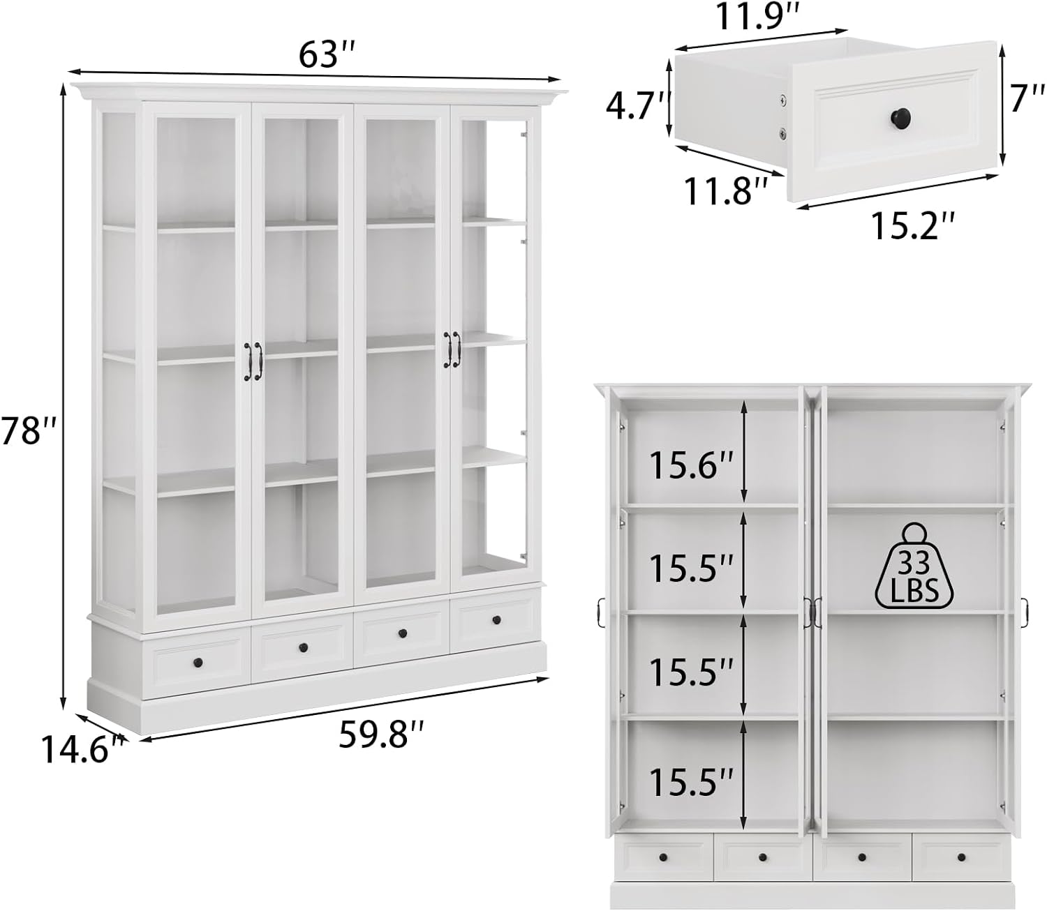 78" Glass Door Storage Cabinet White