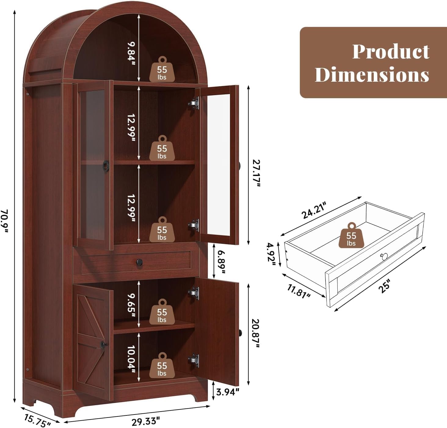 71" Arched Glass Door Storage Cabinet Brown
