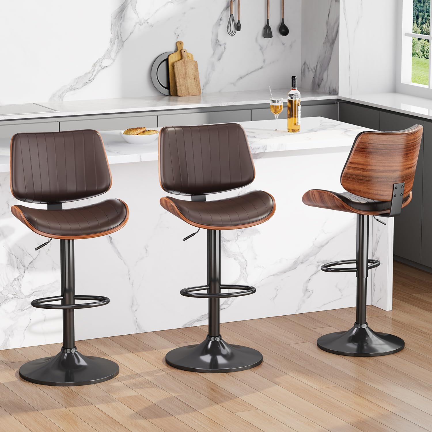 Brown Adjustable Swivel Bentwood Bar Stools Set Of 2