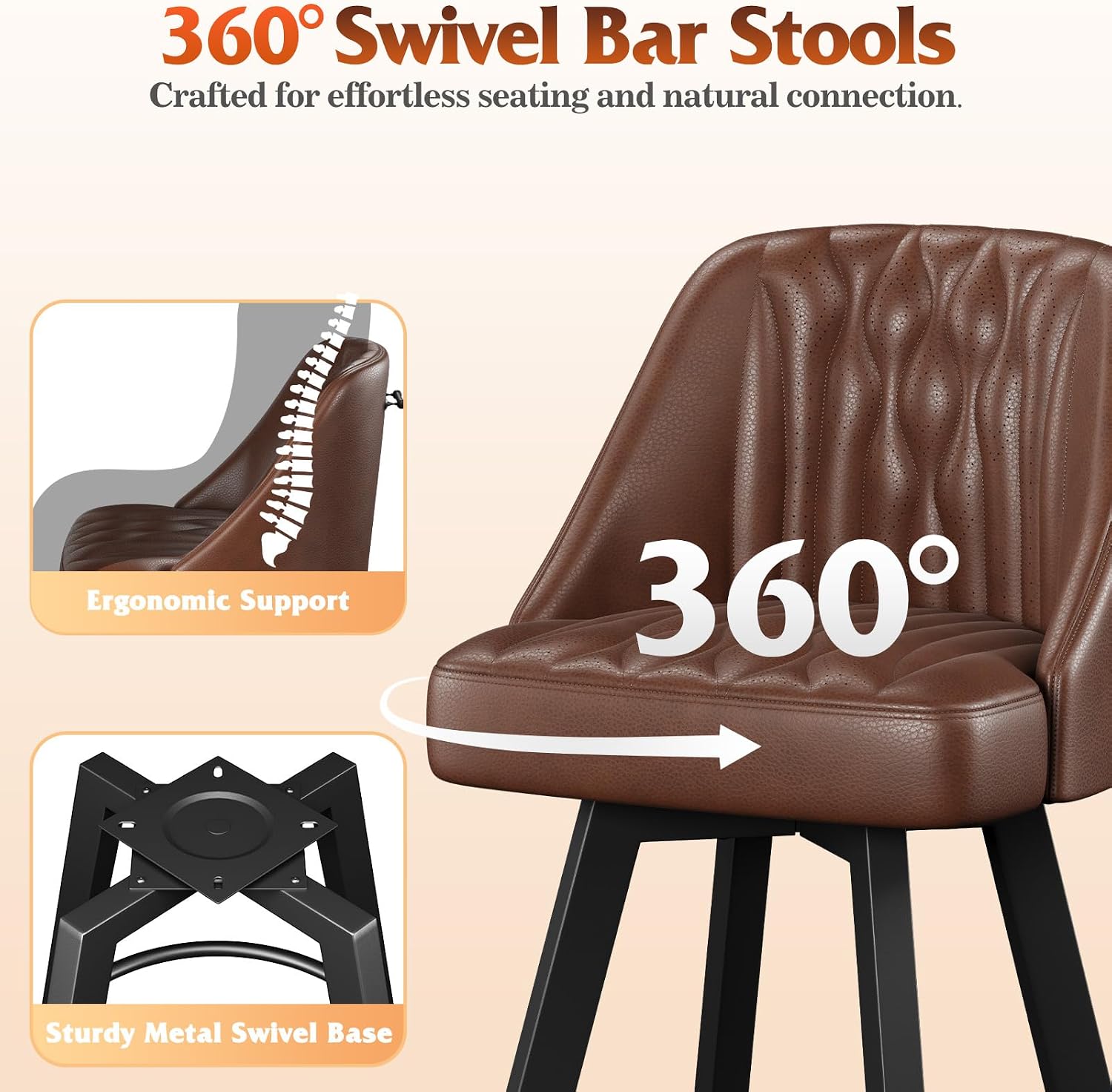 26" Dark Brown PU Leather Swivel Bar Stools Set Of 2