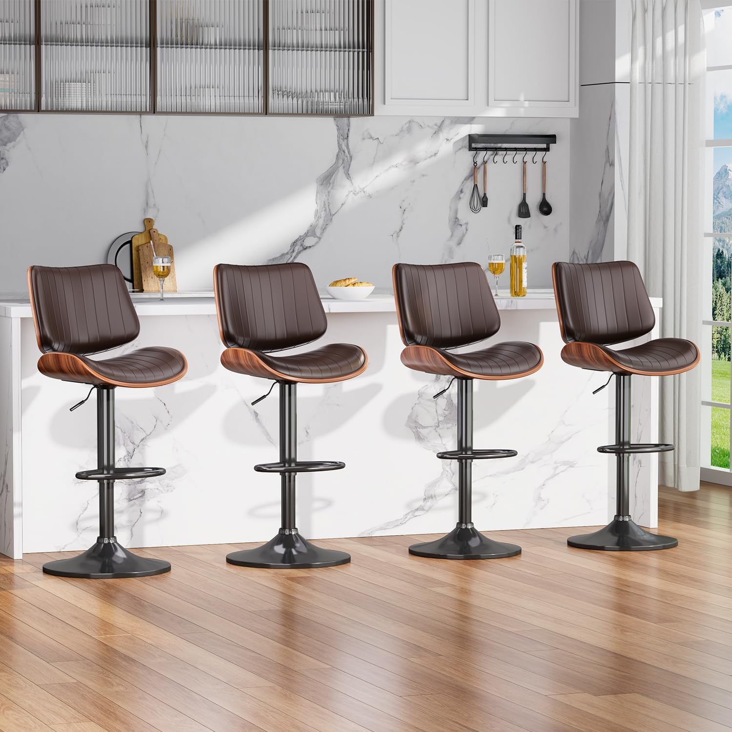 Brown Adjustable Swivel Bentwood Bar Stools Set Of 2