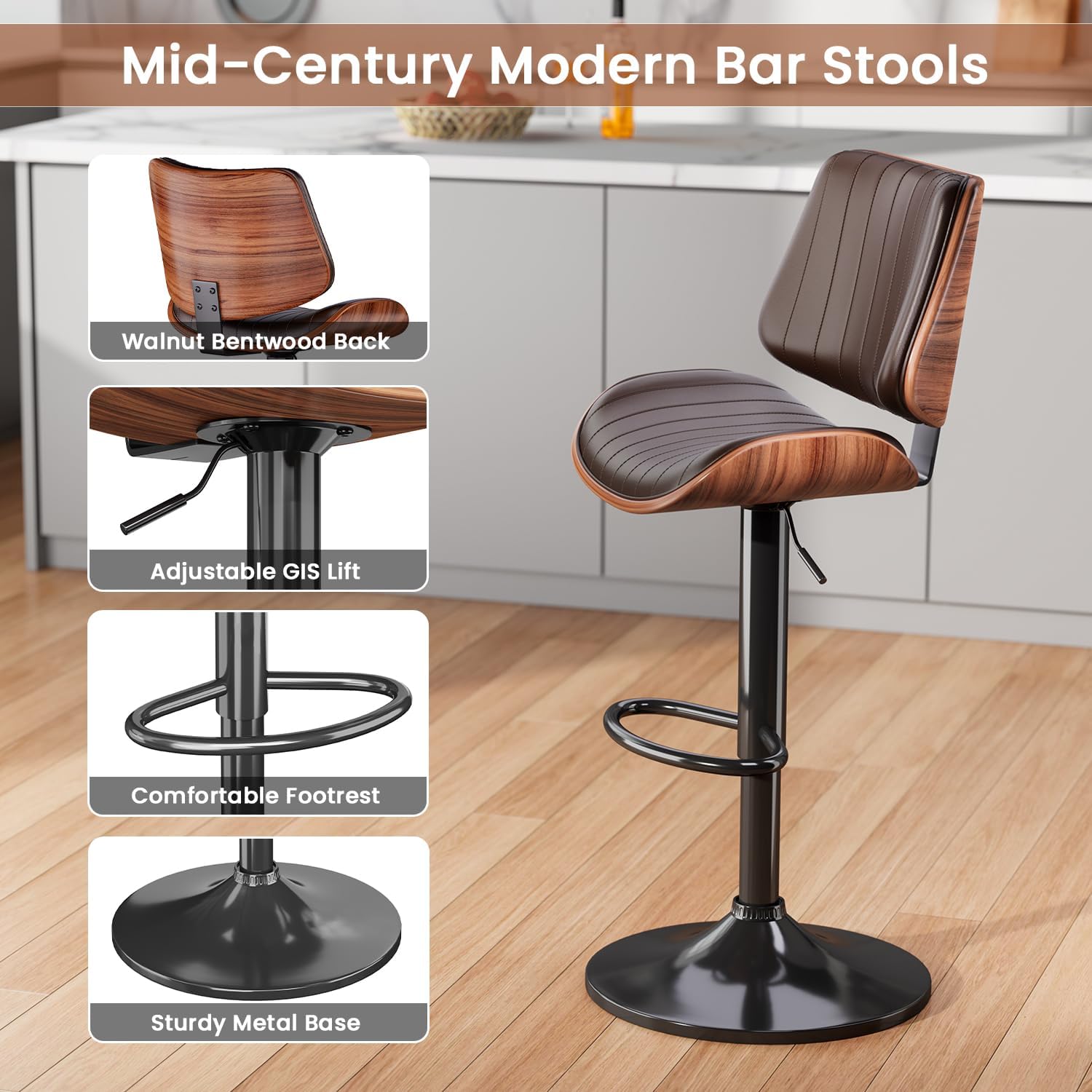 Brown Adjustable Swivel Bentwood Bar Stools Set Of 2