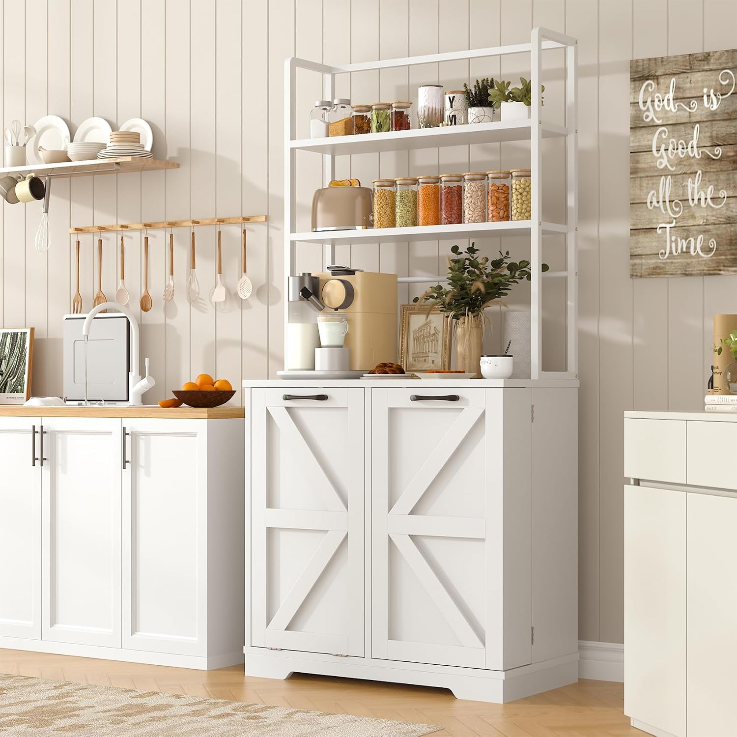 68" White Farmhouse Kitchen Bakers Rack