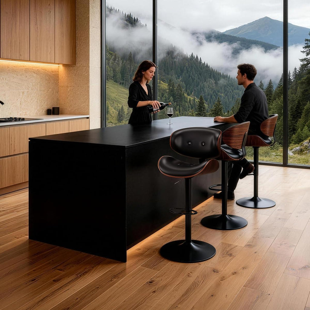 Black PU Leather Swivel Counter Bar Stools Set Of 2