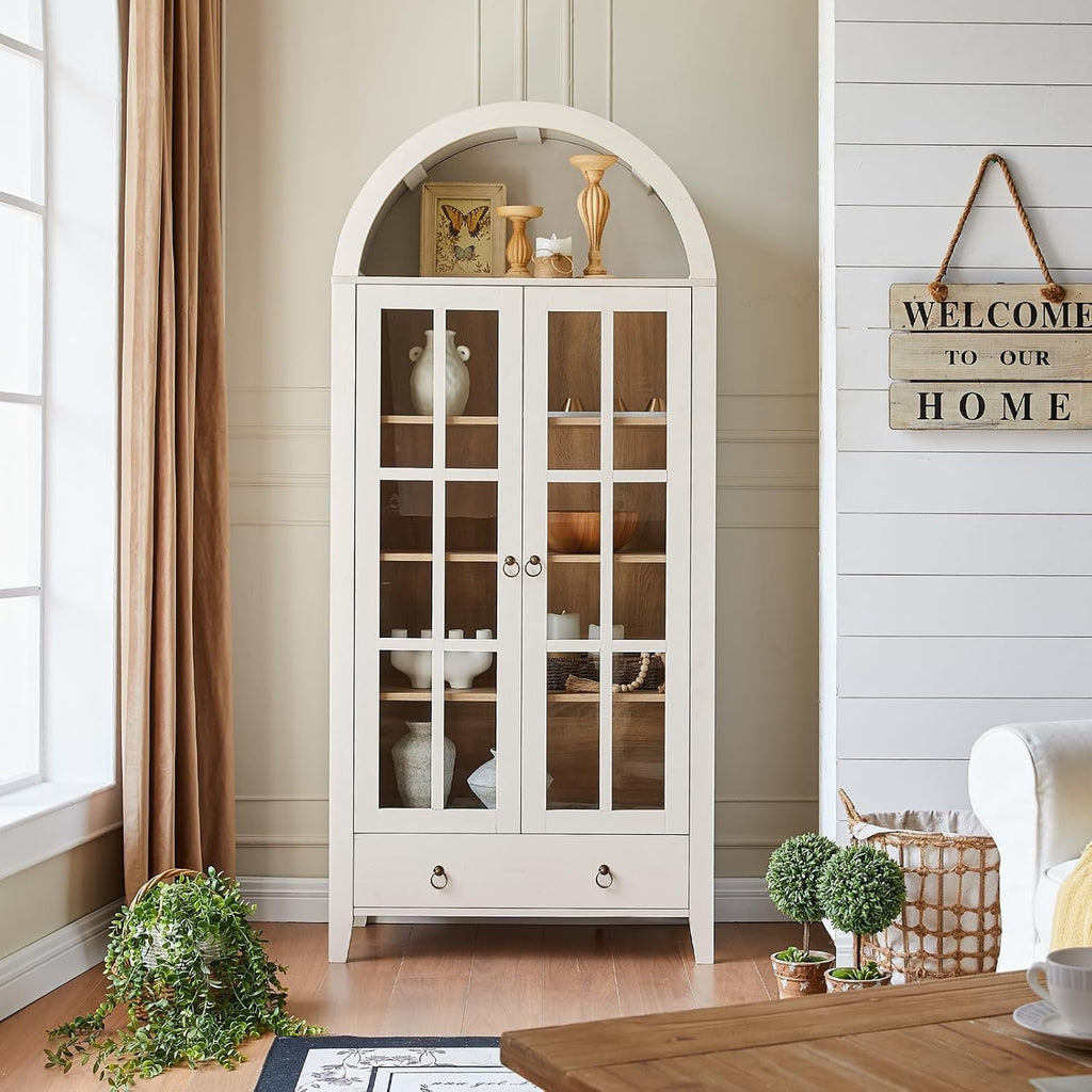 71" Arched Glass Door Cabinet Antique White