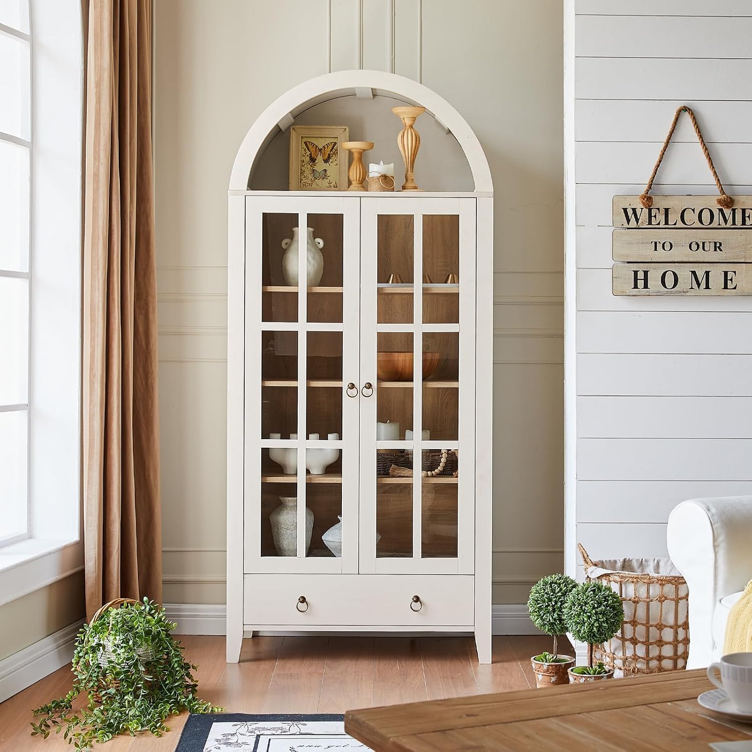 71" Arched Glass Door Cabinet Antique White
