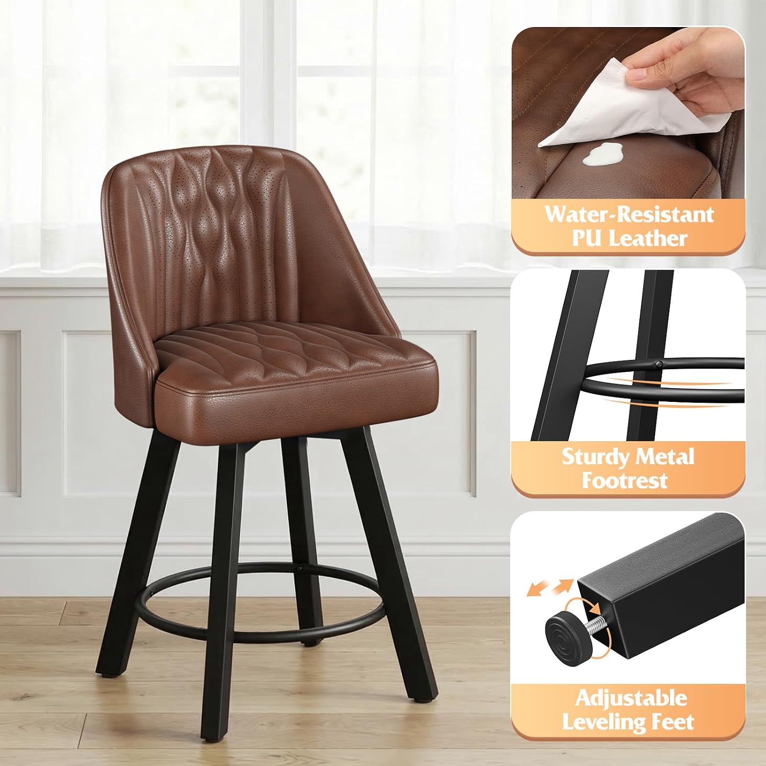 26" Dark Brown PU Leather Swivel Bar Stools Set Of 2