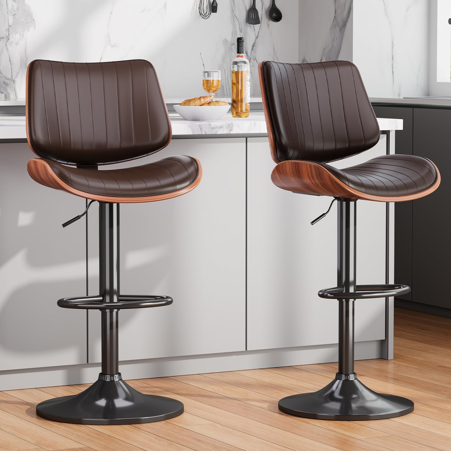 Brown Adjustable Swivel Bentwood Bar Stools Set Of 2