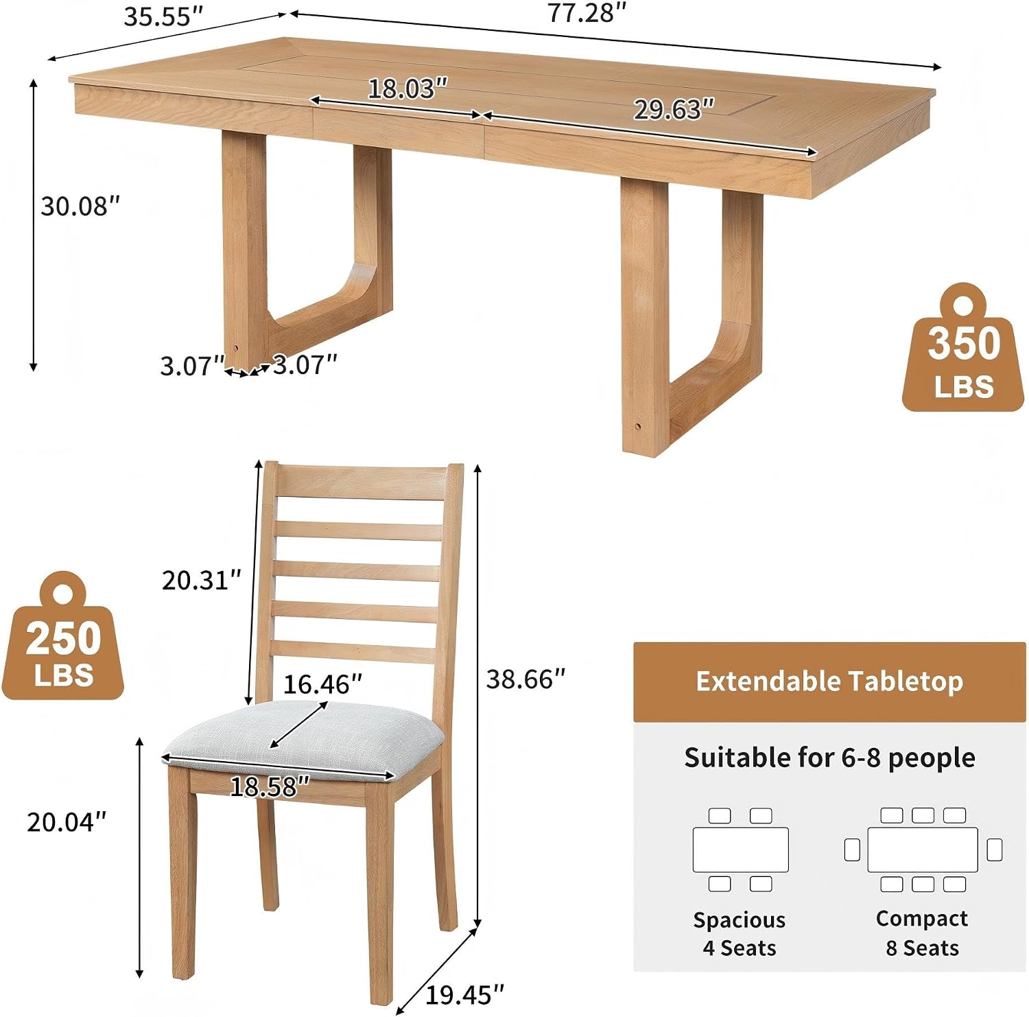 Natural Beige Wood Dining Table Set Of 7