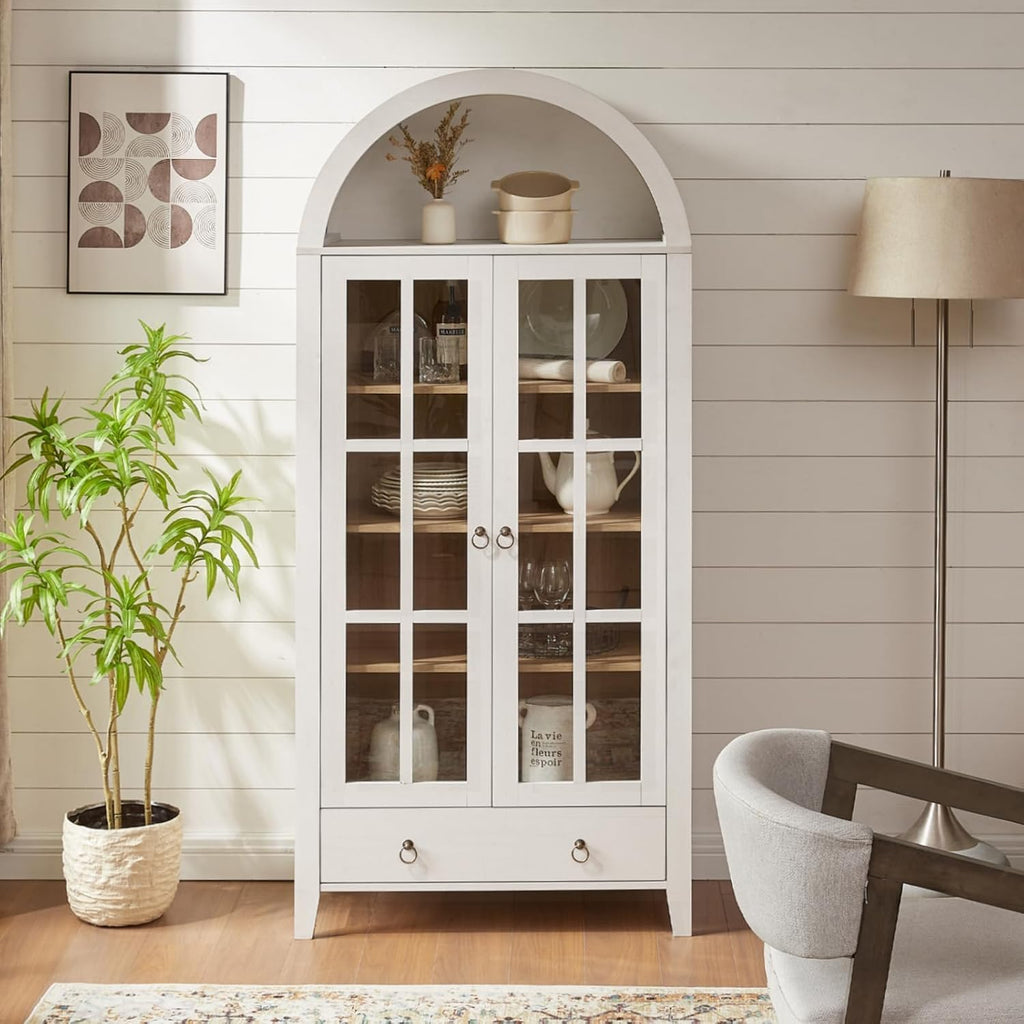71" Arched Glass Door Cabinet Antique White