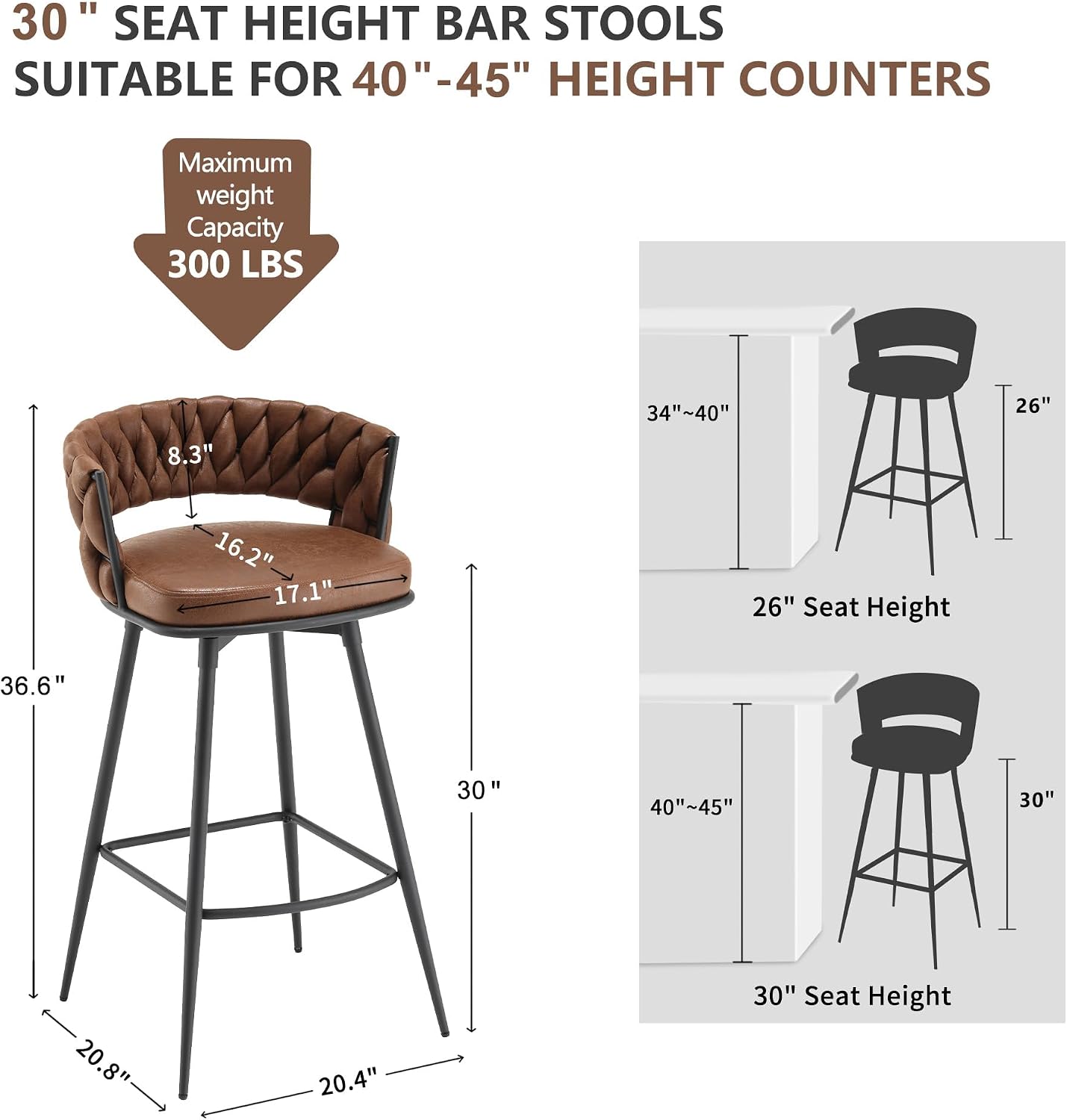 30" Woven Back Suede Swivel Bar Stools Set Of 3