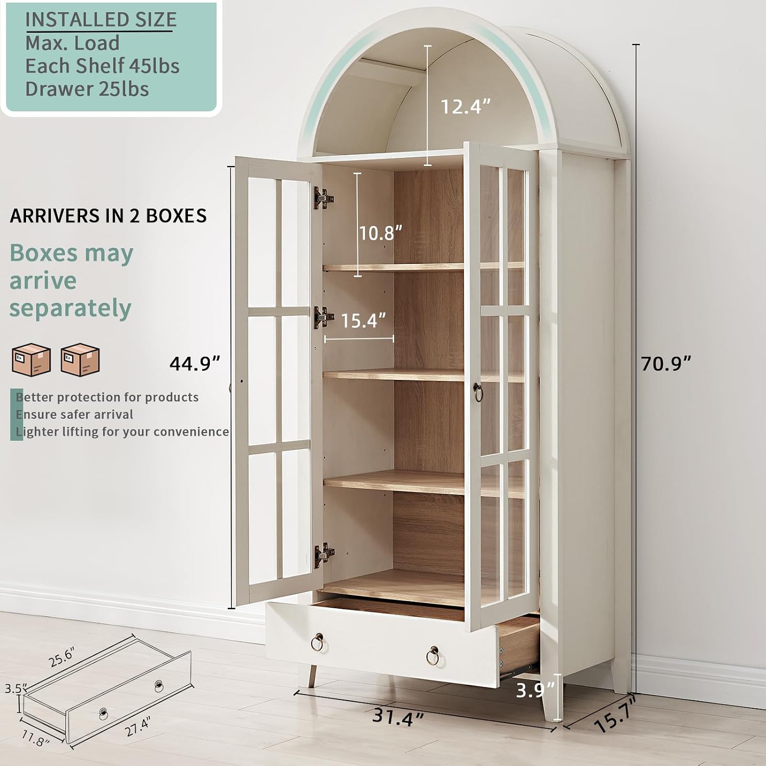 71" Arched Glass Door Cabinet Antique White
