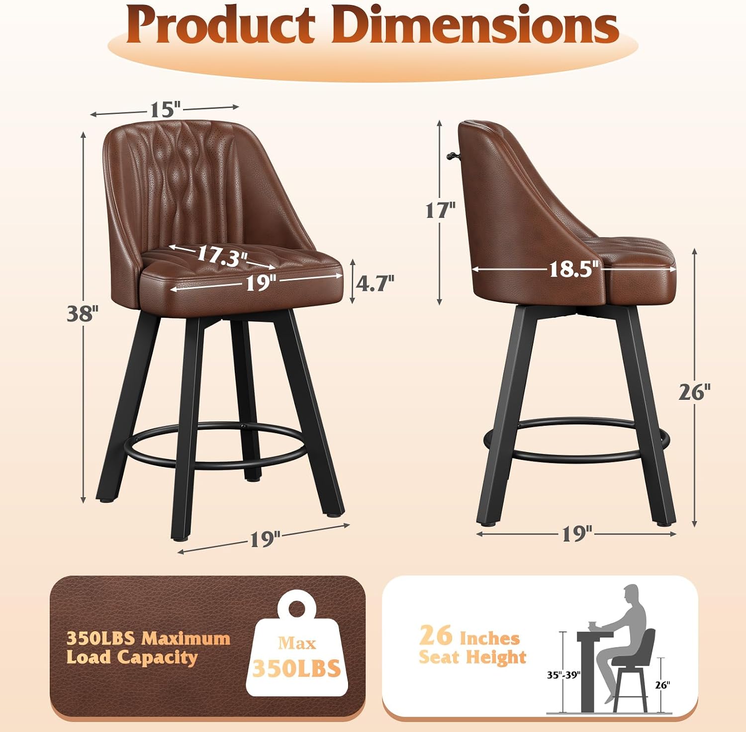 26" Dark Brown PU Leather Swivel Bar Stools Set Of 2