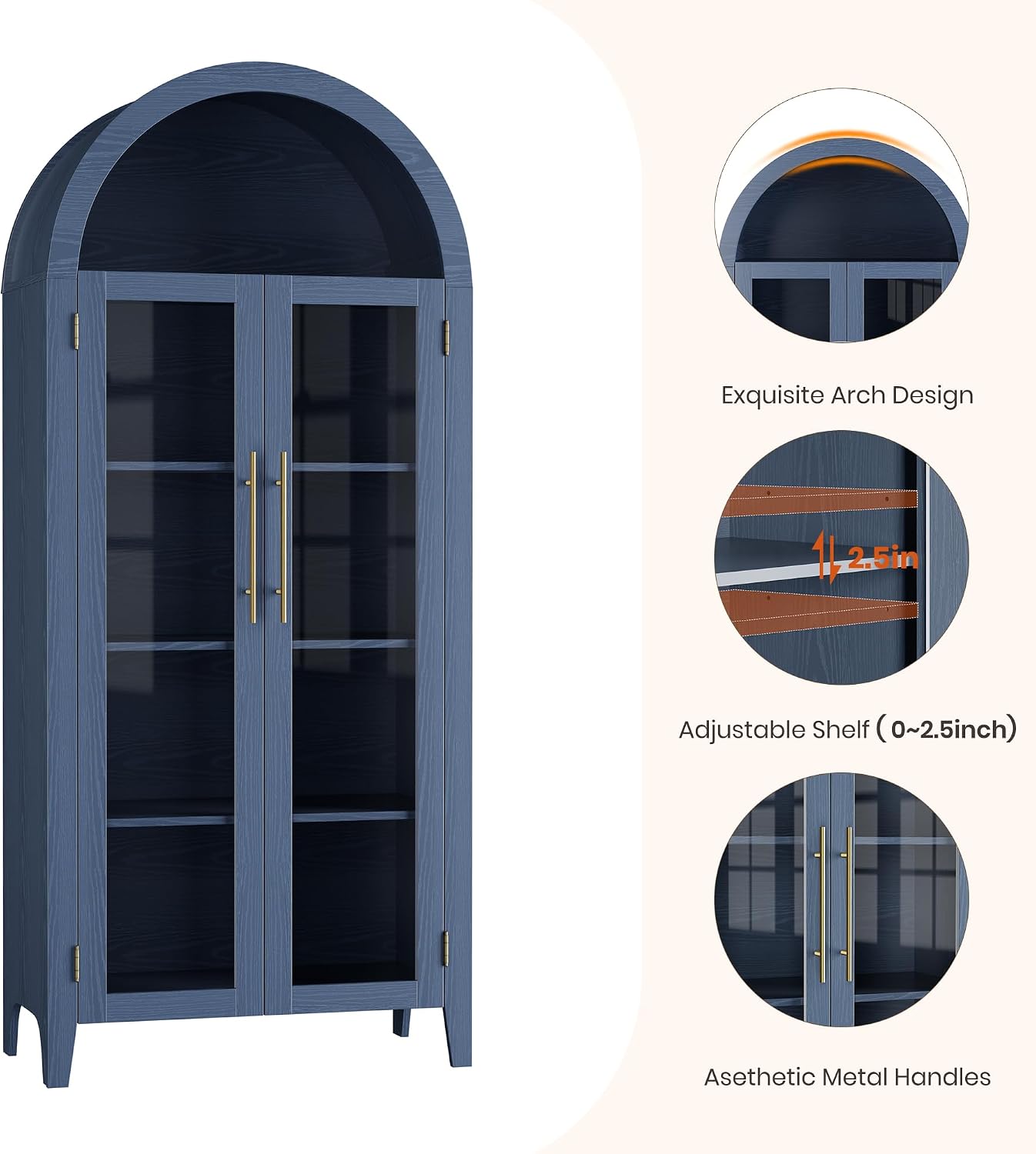 Arched Glass Door Pantry Cabinet Blue