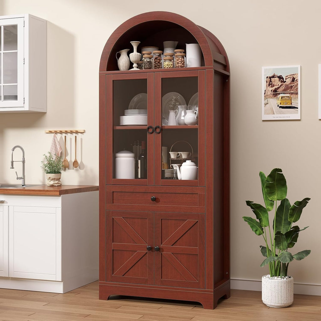 71" Arched Glass Door Storage Cabinet Brown