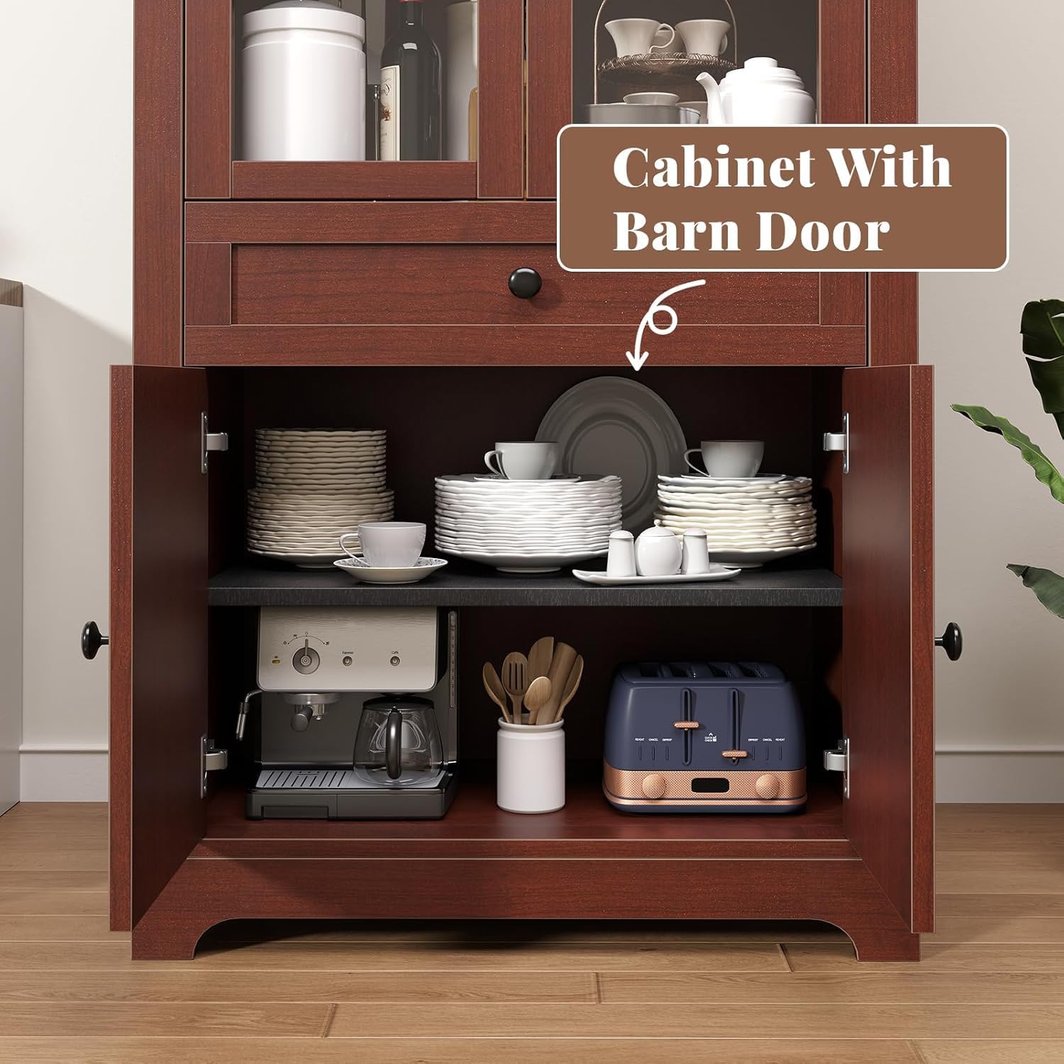 71" Arched Glass Door Storage Cabinet Brown