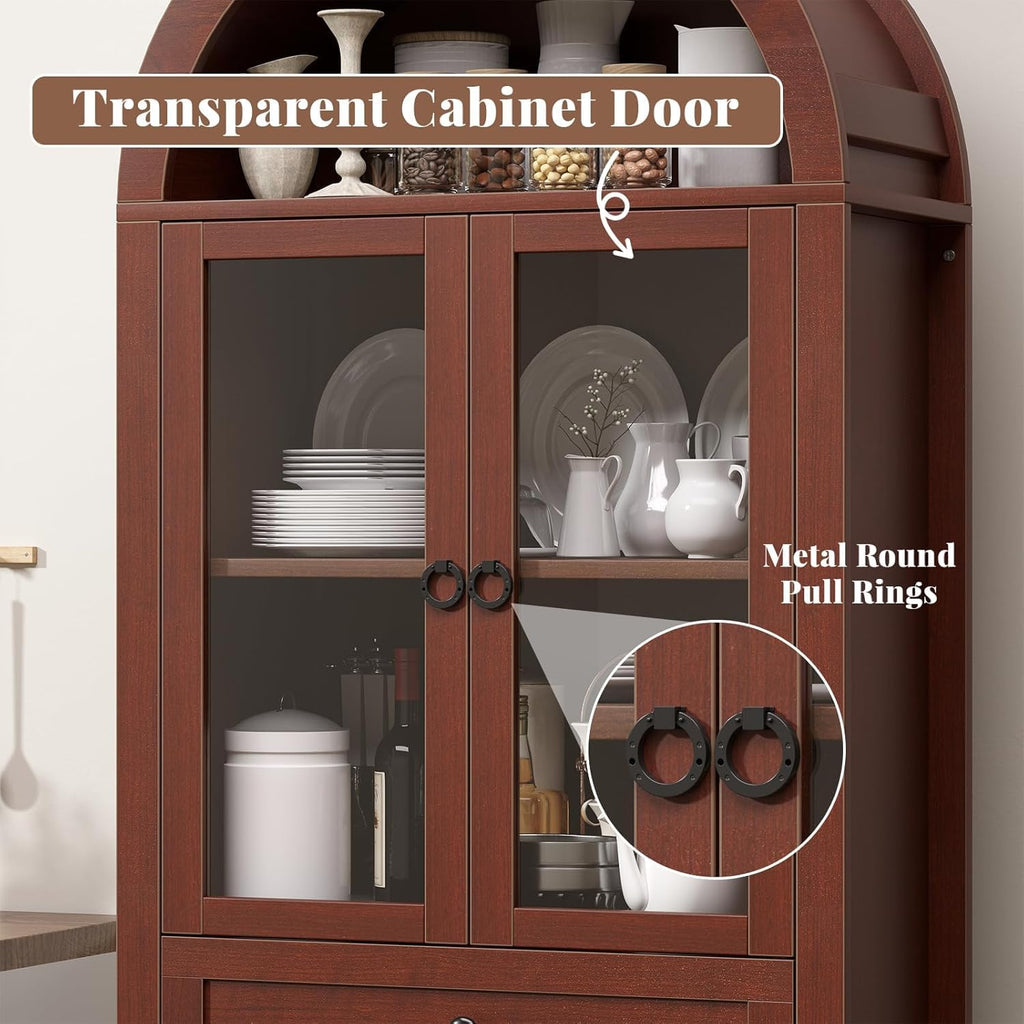 71" Arched Glass Door Storage Cabinet Brown