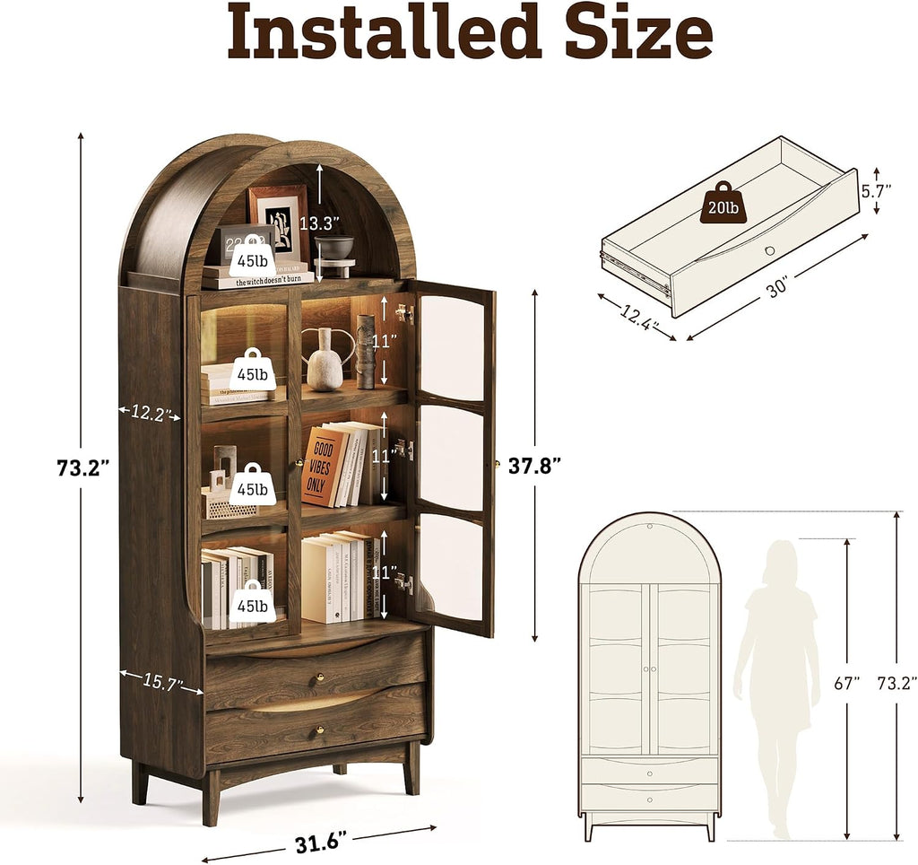 74" Arched LED Display Cabinet Walnut