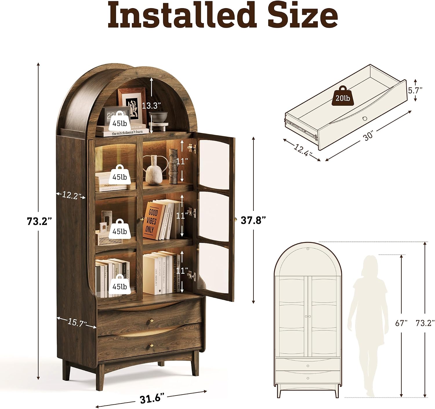 74" Arched LED Display Cabinet Walnut