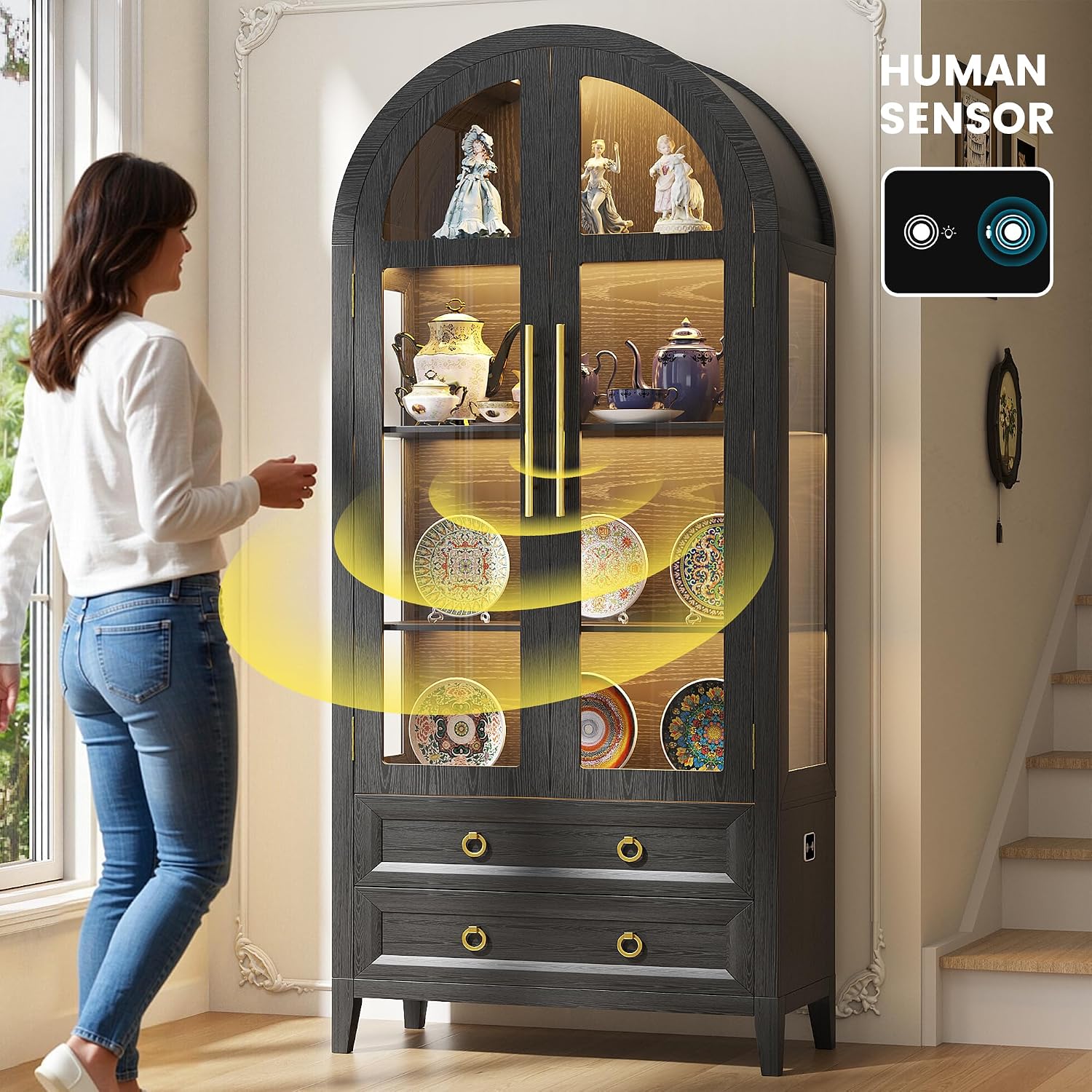 71" Arched LED Display Cabinet Black