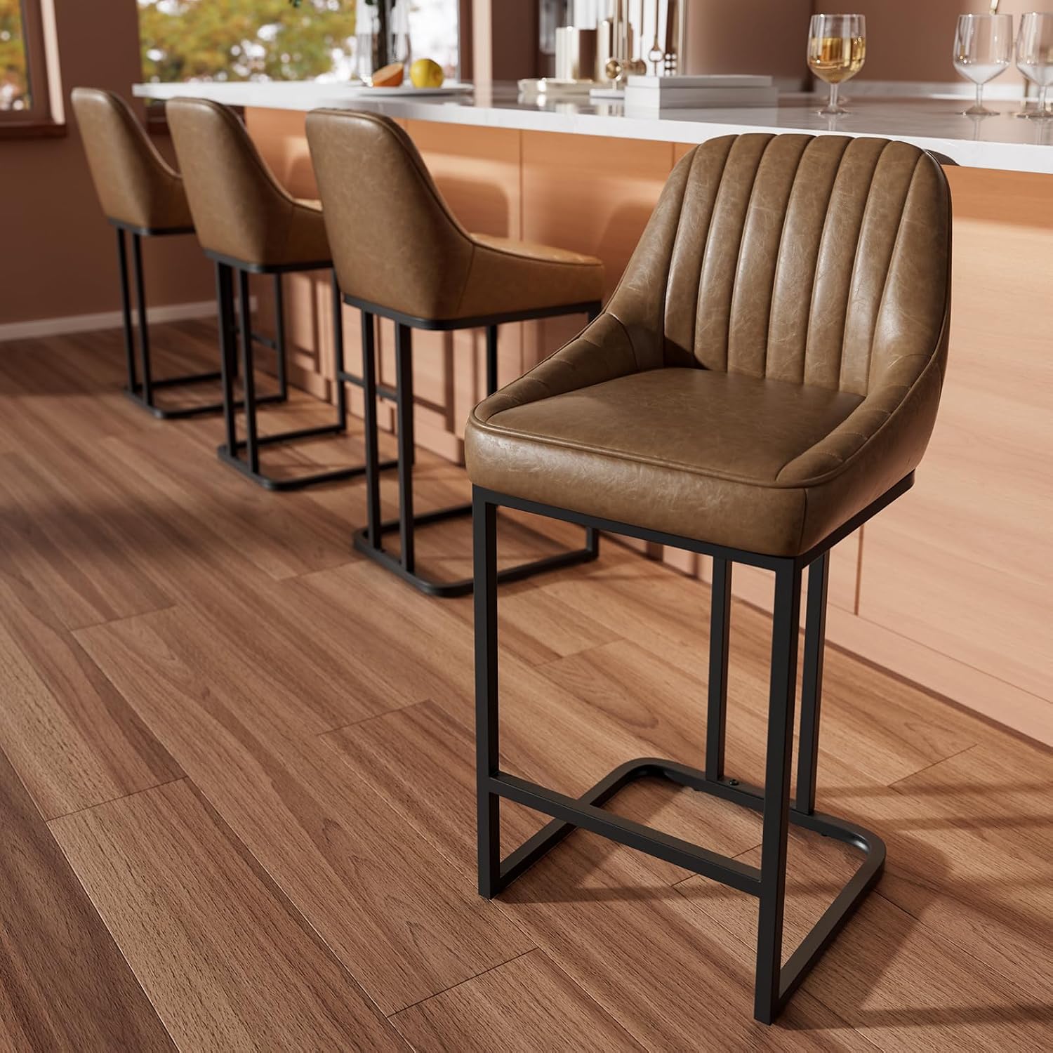 24" Brown Leather Counter Bar Stools Set Of 4