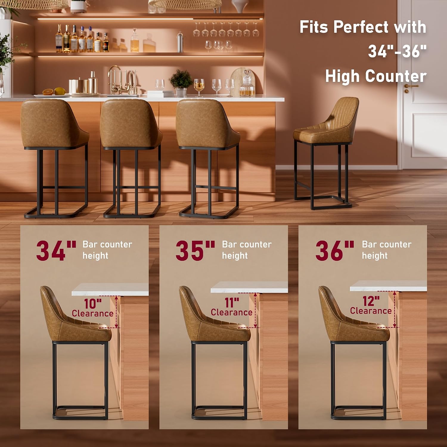24" Brown Leather Counter Bar Stools Set Of 4