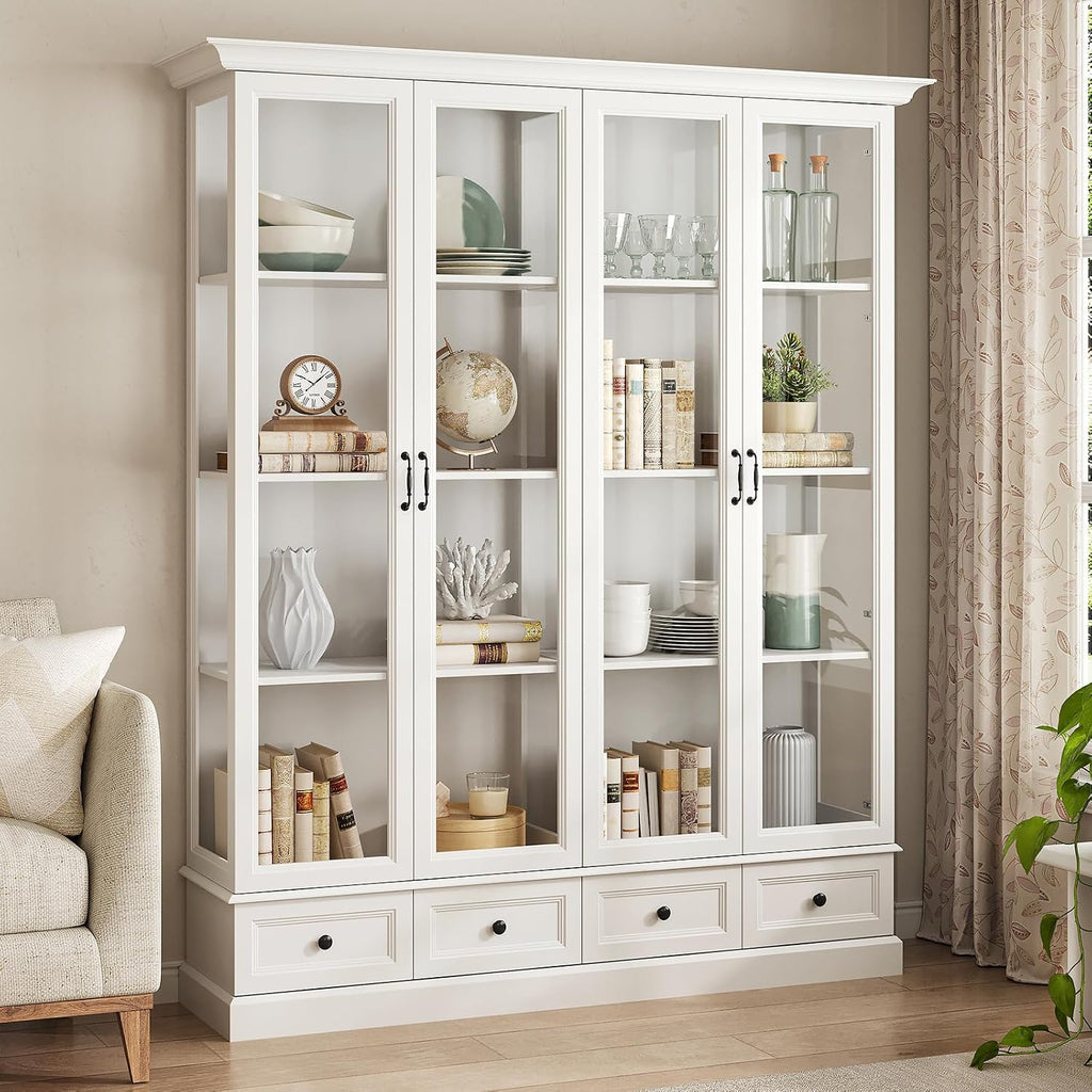 78" Glass Door Storage Cabinet White