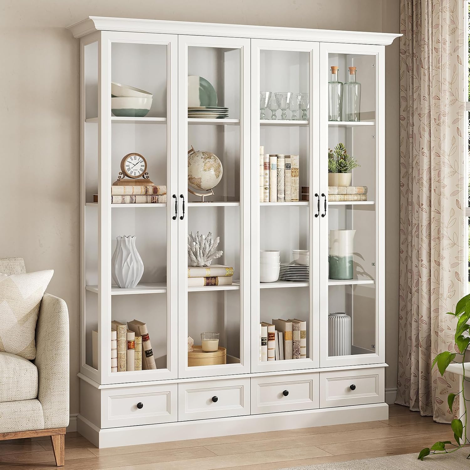 78" Glass Door Storage Cabinet White