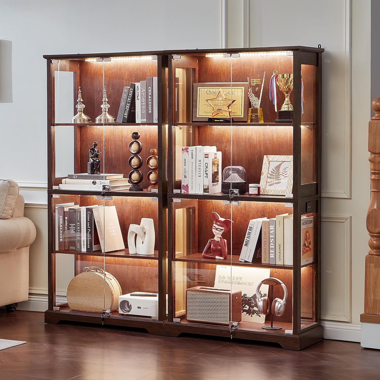 Glass Display Cabinet Set Walnut