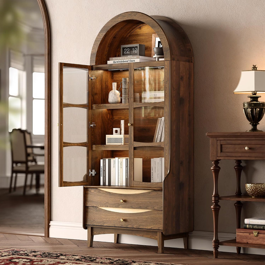 74" Arched LED Display Cabinet Walnut
