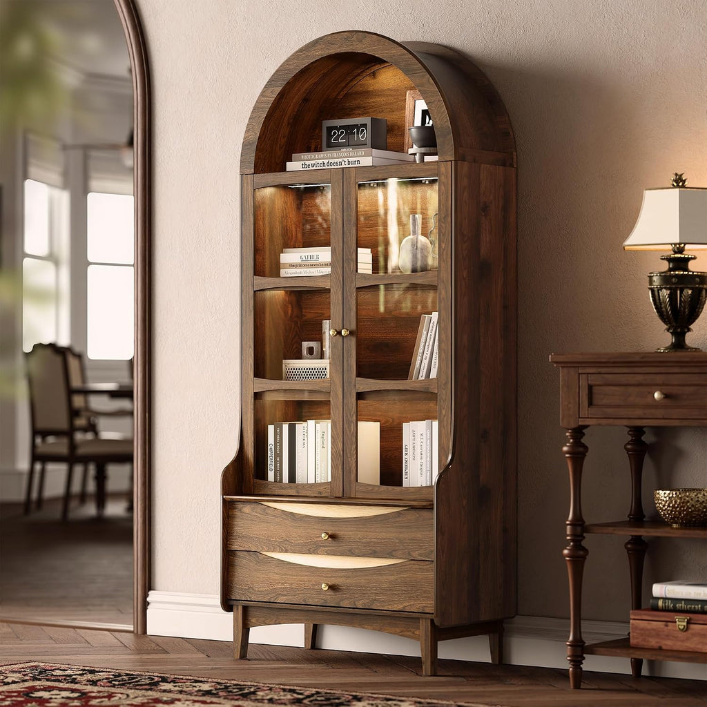 74" Arched LED Display Cabinet Walnut