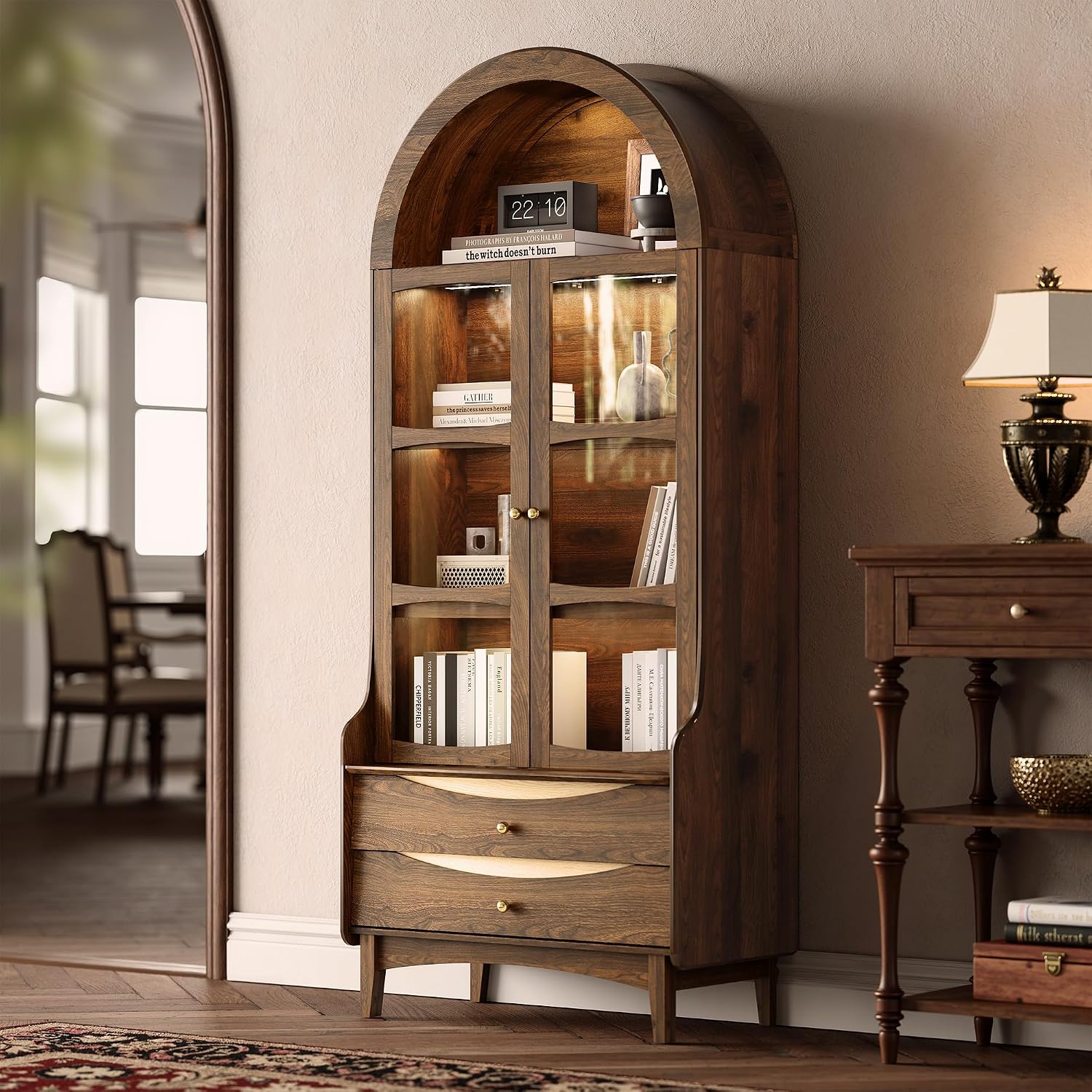 74" Arched LED Display Cabinet Walnut