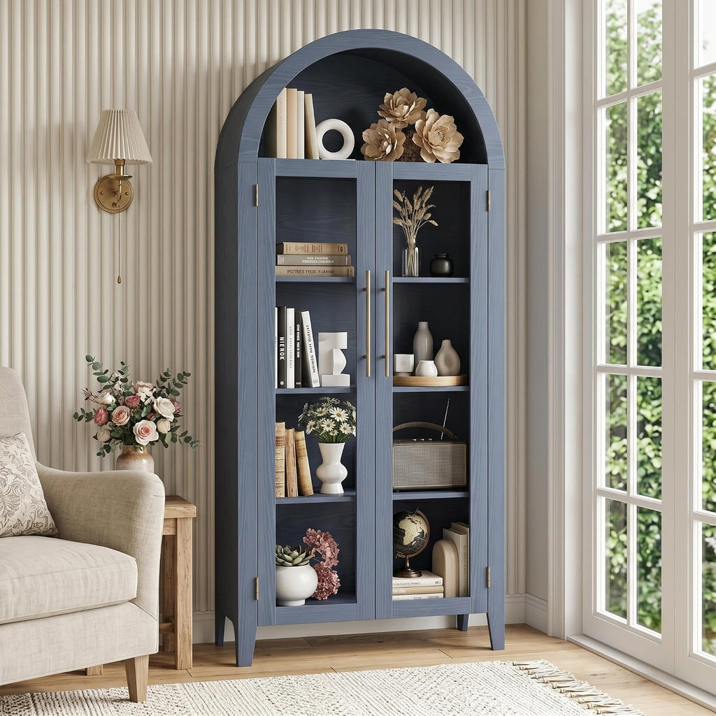 Arched Glass Door Pantry Cabinet Blue