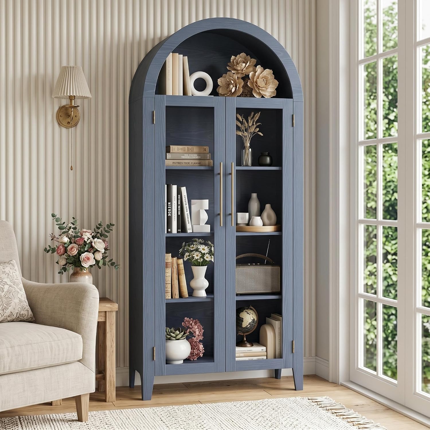 Arched Glass Door Pantry Cabinet Blue