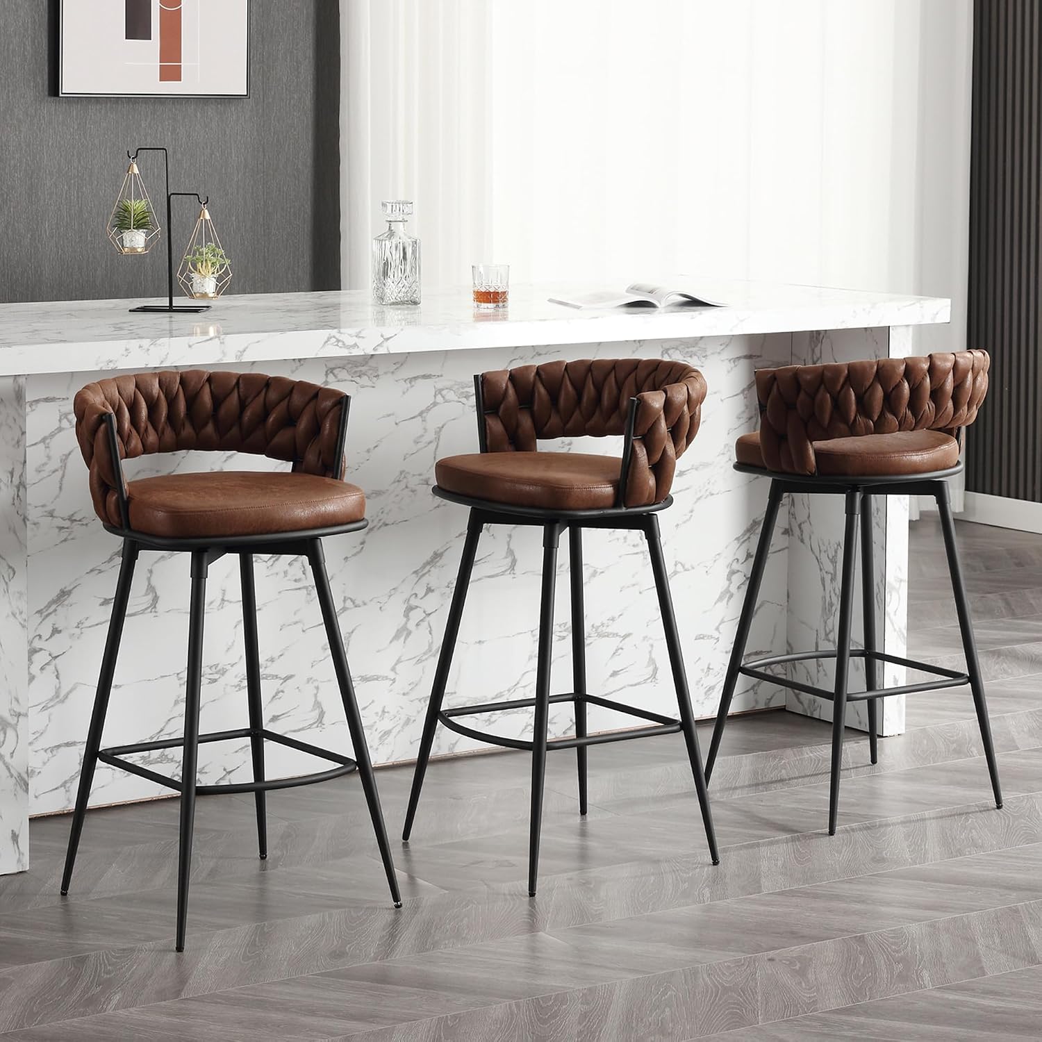 30" Woven Back Suede Swivel Bar Stools Set Of 3