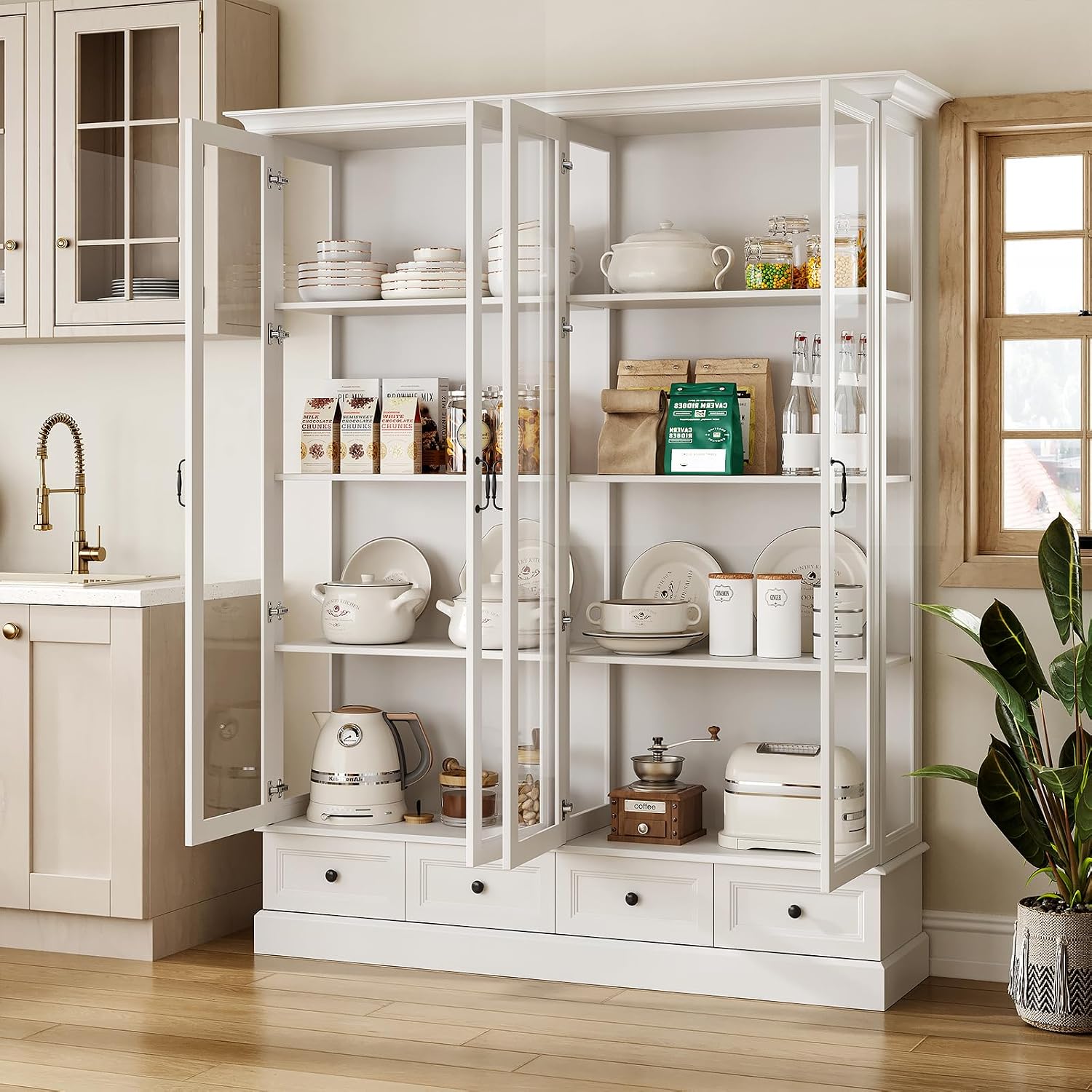 78" Glass Door Storage Cabinet White