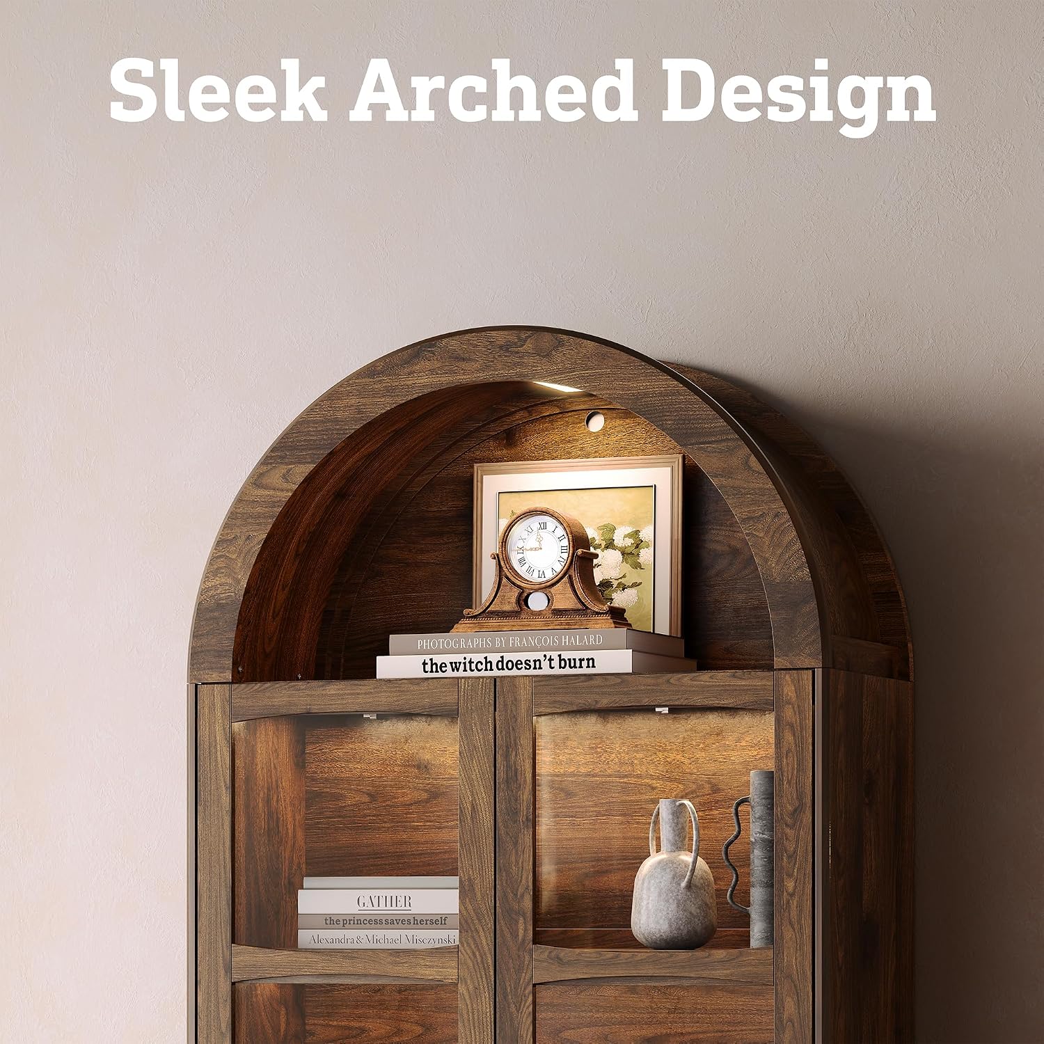 74" Arched LED Display Cabinet Walnut