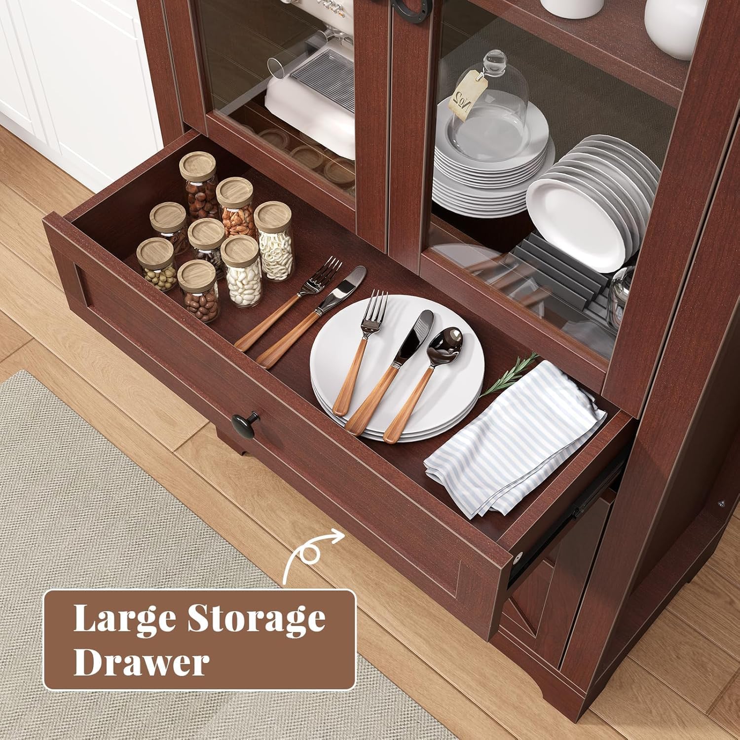 71" Arched Glass Door Storage Cabinet Brown