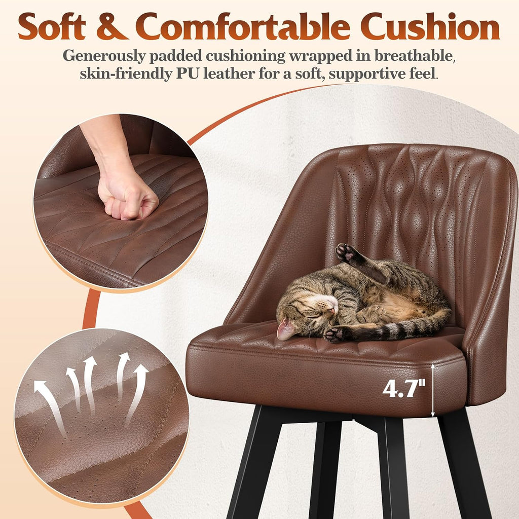 26" Dark Brown PU Leather Swivel Bar Stools Set Of 2