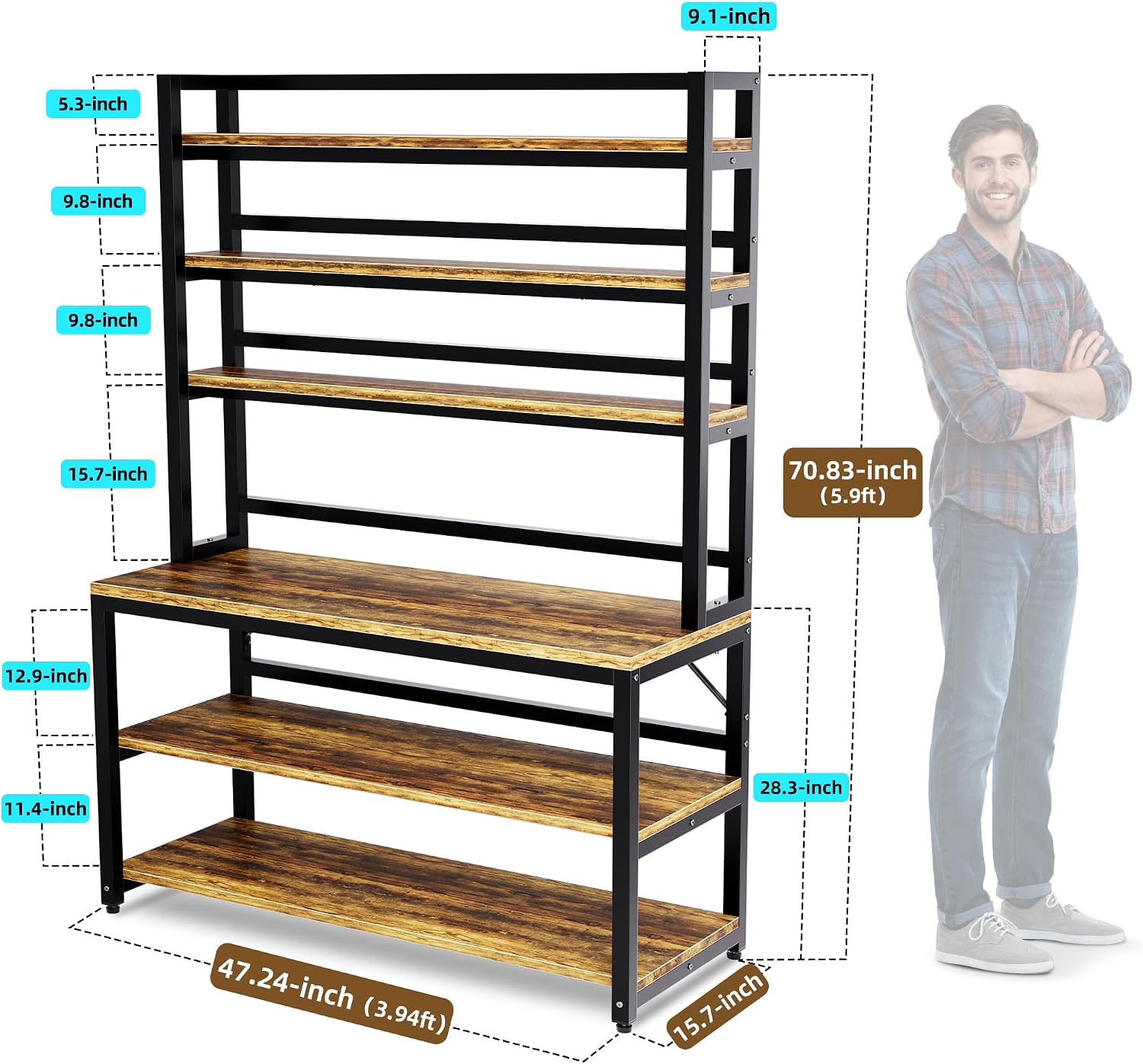 47.2" Rustic Brown Kitchen Bakers Rack