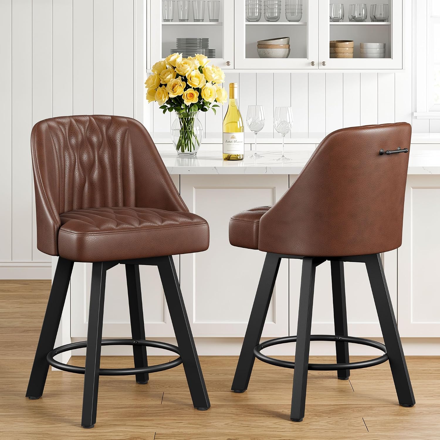 26" Dark Brown PU Leather Swivel Bar Stools Set Of 2