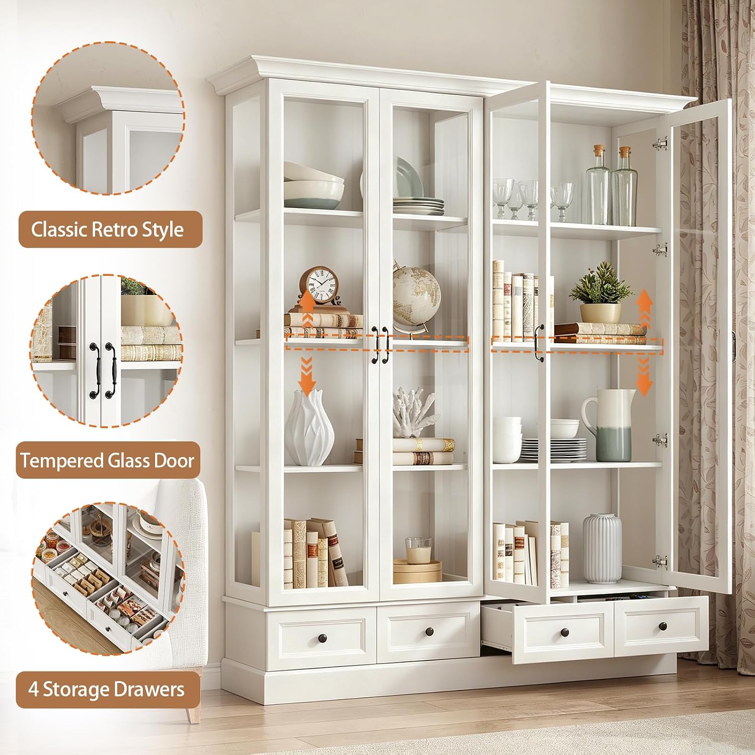 78" Glass Door Storage Cabinet White