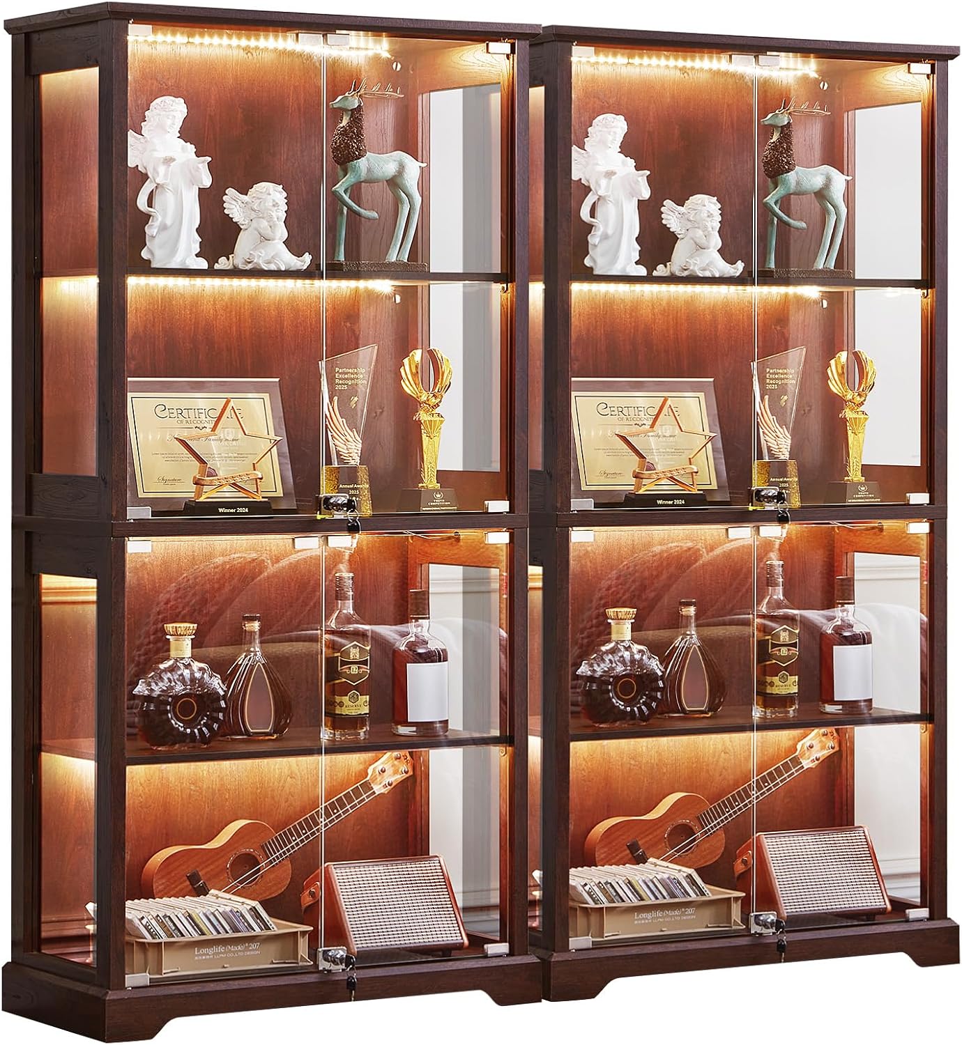 Glass Display Cabinet Set Walnut