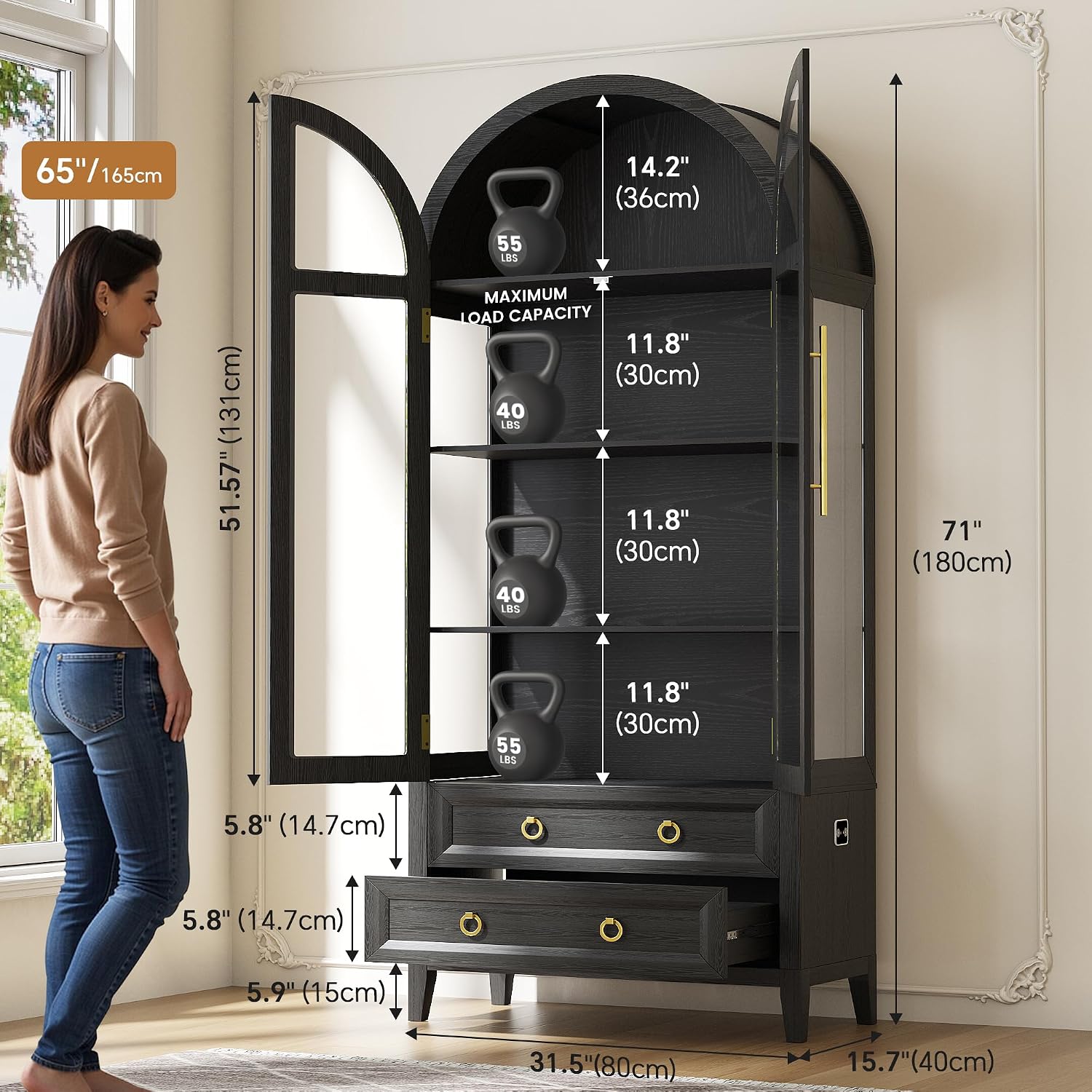 71" Arched LED Display Cabinet Black