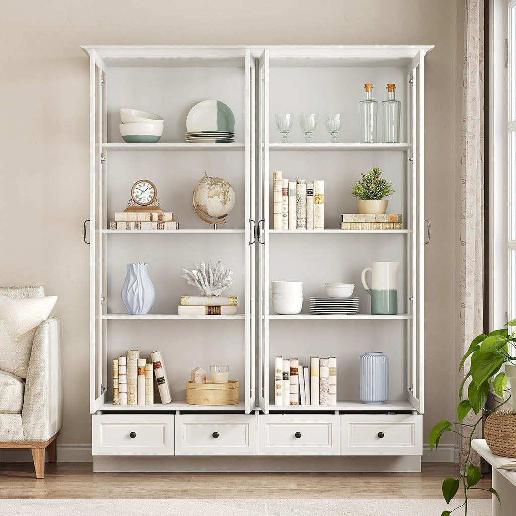 78" Glass Door Storage Cabinet White