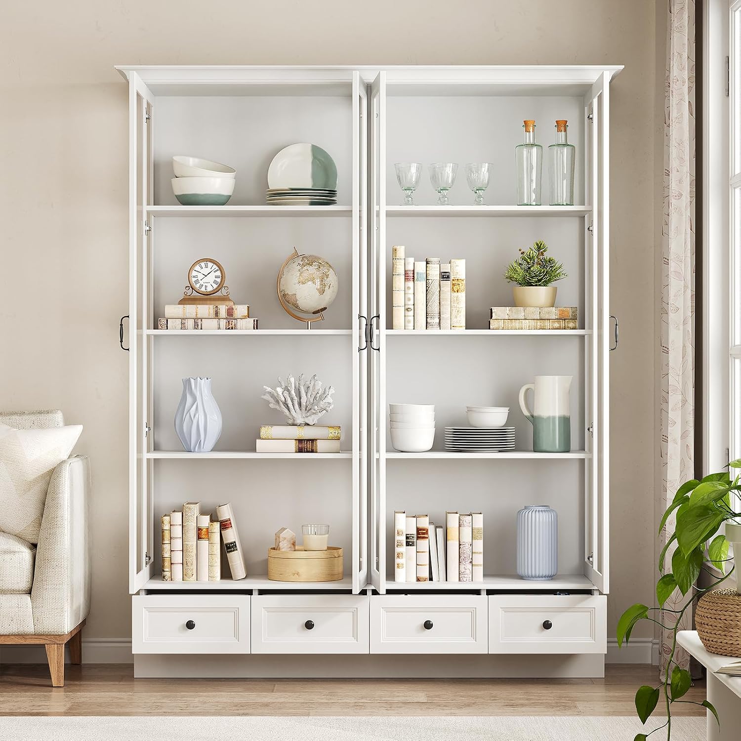 78" Glass Door Storage Cabinet White